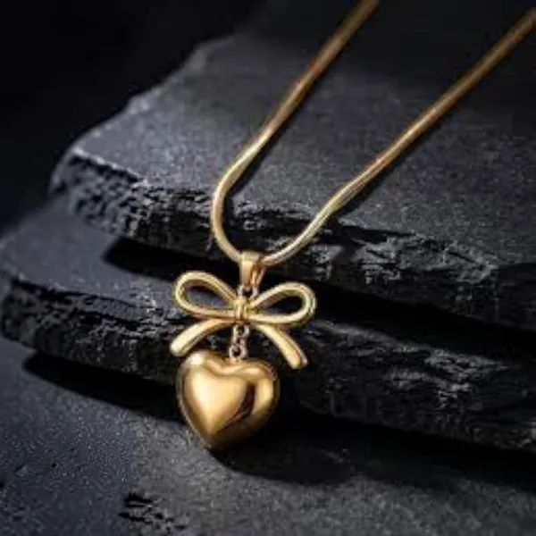 Gold_Stainless_Steel_Bow_Heart_Pendant_Necklace_For_Women