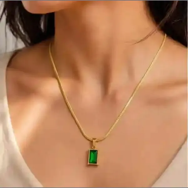 Gold_And_Green_Stainless_Steel_Rectangular_Pendant_Necklace_For_Women