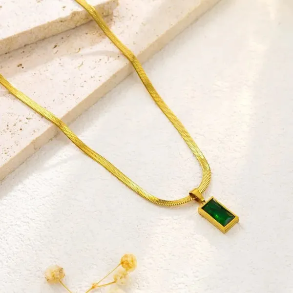 Gold_And_Green_Stainless_Steel_Rectangular_Pendant_Necklace_For_Women