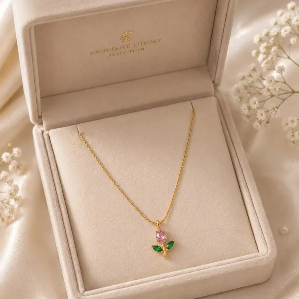 Gold_Tone_Green_Stone_Flower_Pendant_Necklace_For_Women