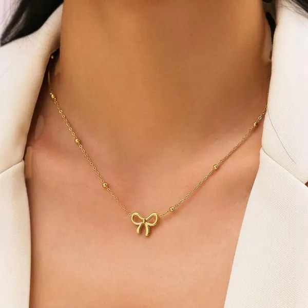 Gold_Stainless_Steel_Bow_Pendant_Necklace_For_Women