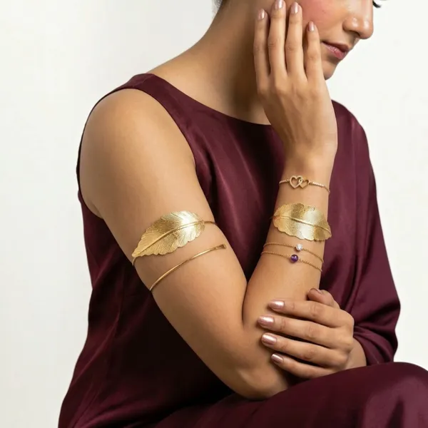 Gold_Stainless_Steel_Leaf_Design_Open_Arm_Cuff_For_Women_Pack_Of_2