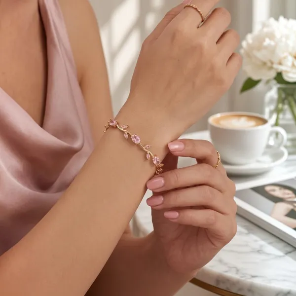 Gold_And_Pink_Stainless_Steel_Svine_Floral_Bracelet_For_Women