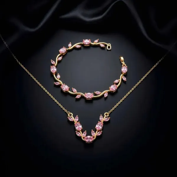 Gold_And_Pink_Stainless_Steel_Floral_Necklace_And_Bracelet_Set_For_Women