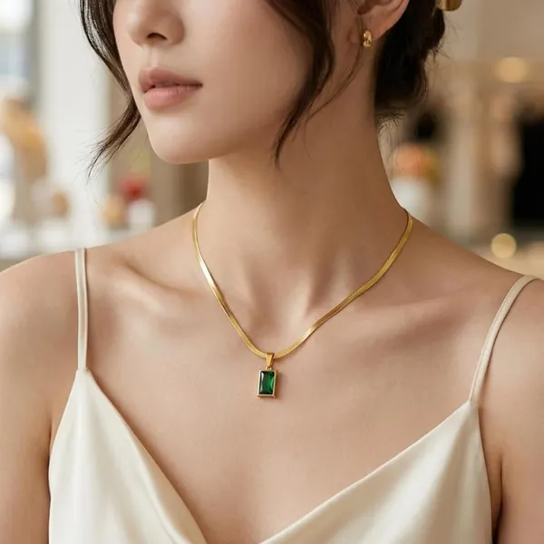 Gold_And_Green_Stainless_Steel_Rectangular_Pendant_Necklace_For_Women