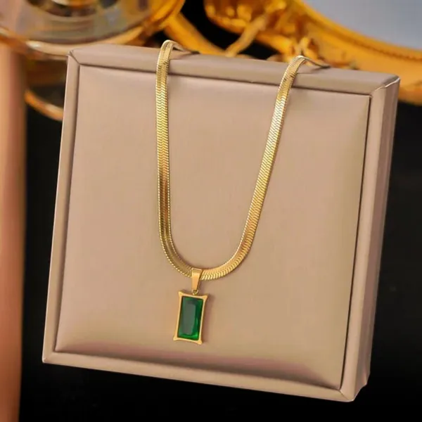 Gold_And_Green_Stainless_Steel_Rectangular_Pendant_Necklace_For_Women