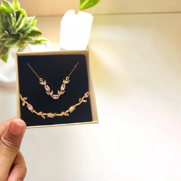 Gold_And_Pink_Stainless_Steel_Floral_Necklace_And_Bracelet_Set_For_Women