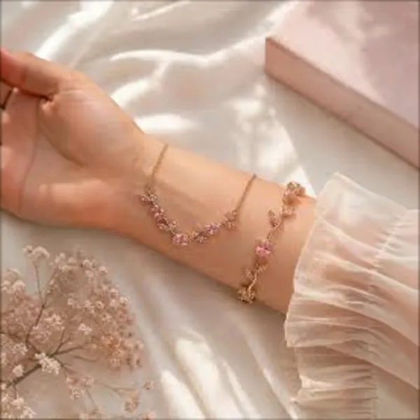 Gold_And_Pink_Stainless_Steel_Floral_Necklace_And_Bracelet_Set_For_Women