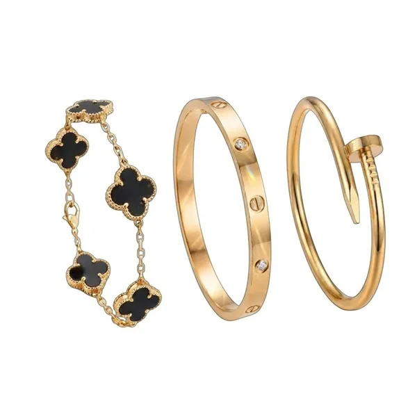 Gold_And_Black_Stainless_Steel_Clover_Charm_Bracelet_Set_For_Women