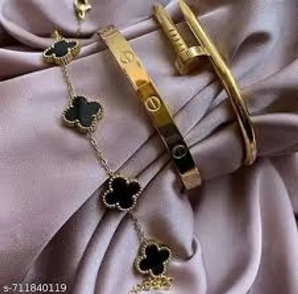 Gold_And_Black_Stainless_Steel_Clover_Charm_Bracelet_Set_For_Women