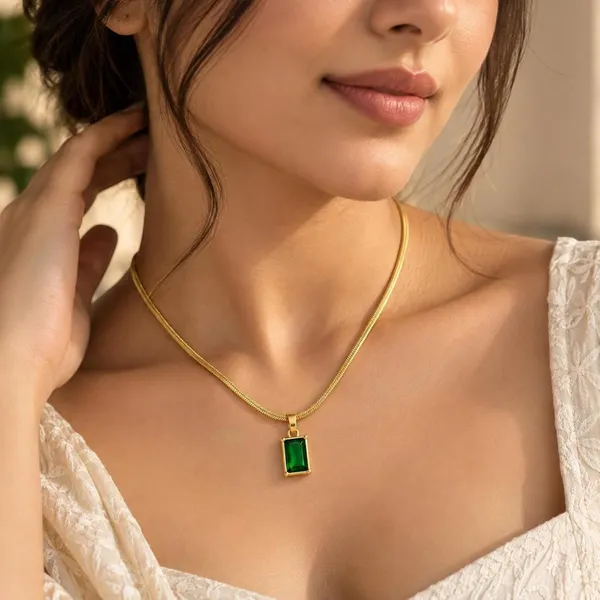 Gold_And_Green_Stainless_Steel_Rectangular_Pendant_Necklace_For_Women
