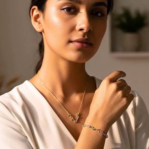 Gold_Stainless_Steel_Floral_Pendant_Necklace_And_Bracelet_Set_For_Women