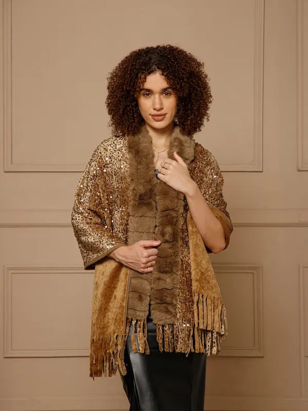 Gold_Sequined_Fur-Trimmed_Cape_for_Women
