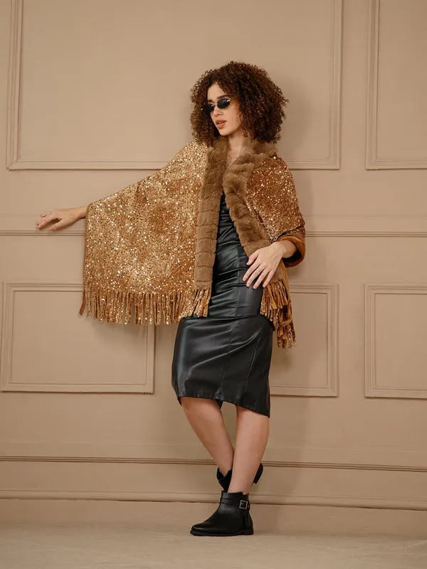 Gold_Sequined_Fur-Trimmed_Cape_for_Women