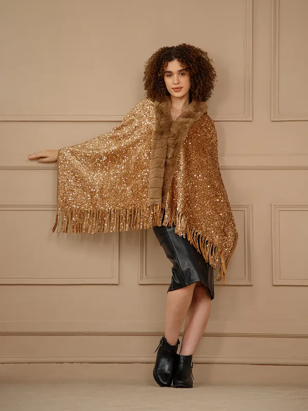 Gold_Sequined_Fur-Trimmed_Cape_for_Women