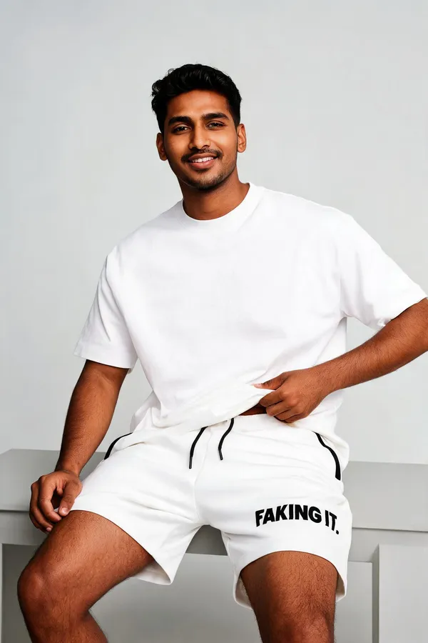 White_Cotton_Stretch_Graphic_Shorts_For_Unisex