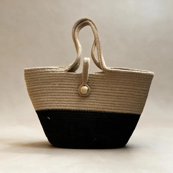 Black_Brown_Cotton_Rope_Boat_Shape_Tote_Bag_For_Women