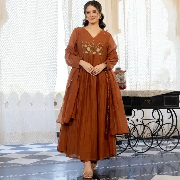 Rust_Cotton_Embroidered_Anarkali_Suit_Set_For_Women