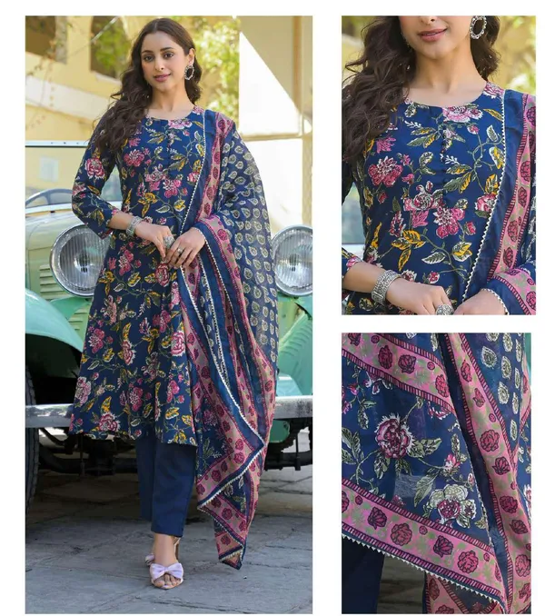 Navy_Blue_Cotton_Floral_Printed_Kurta_Set_For_Women