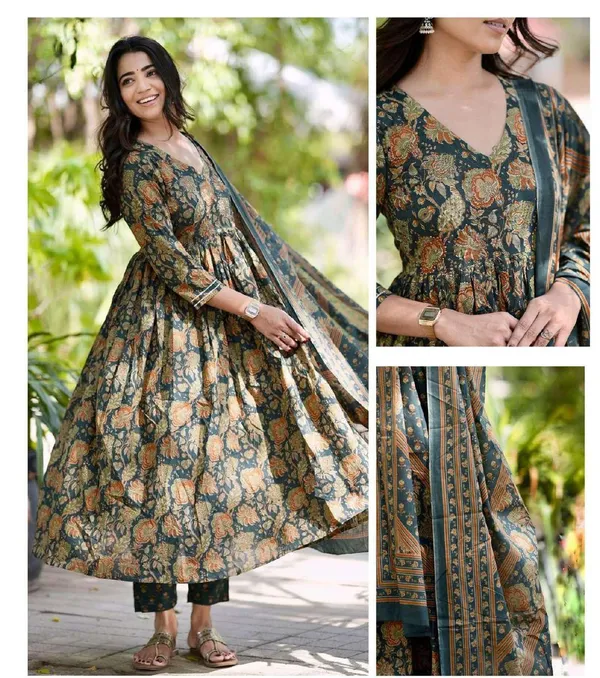 Green_Cotton_Floral_Print_Anarkali_Kurta_Set_For_Women