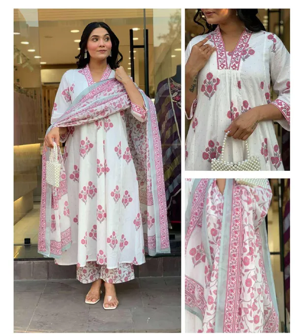 White_Cotton_Floral_Anarkali_Suit_Set_For_Women