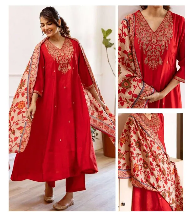 Red_Cotton_Embroidered_Kurta_Set_For_Women