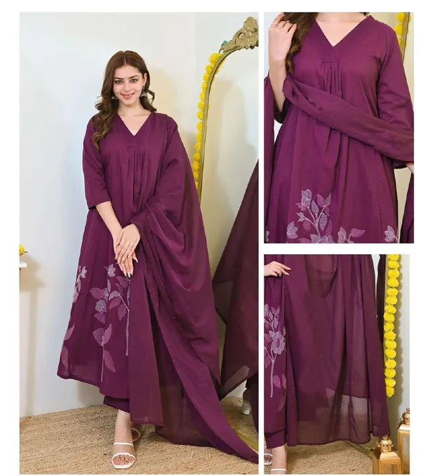 Wine_Cotton_Embroidered_Kurta_Palazzo_Dupatta_Set_For_Women
