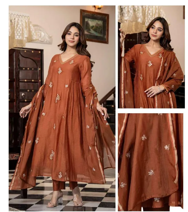 Rust_Cotton_Embroidered_Anarkali_Kurta_Set_For_Women