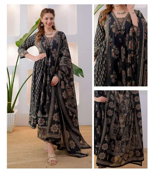 Black_Cotton_Printed_Flared_Anarkali_Dress_For_Women