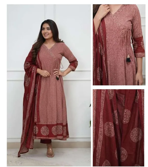 Maroon_Cotton_Printed_Anarkali_Kurta_Set_For_Women