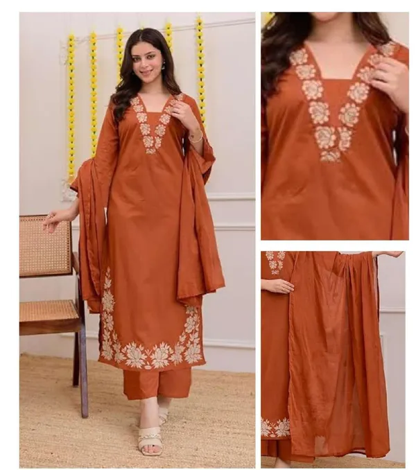 Rust_Cotton_Floral_Embroidered_Straight_Kurta_Set_For_Women