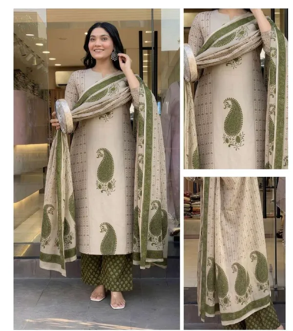 Beige_&_Olive_Green_Cotton_Printed_Kurta_Set_For_Women