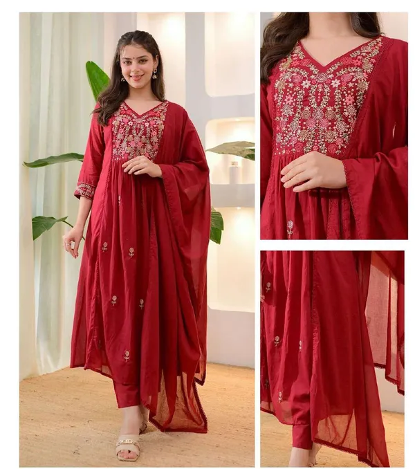 Red_Cotton_Embroidered_Anarkali_Kurta_Set_For_Women