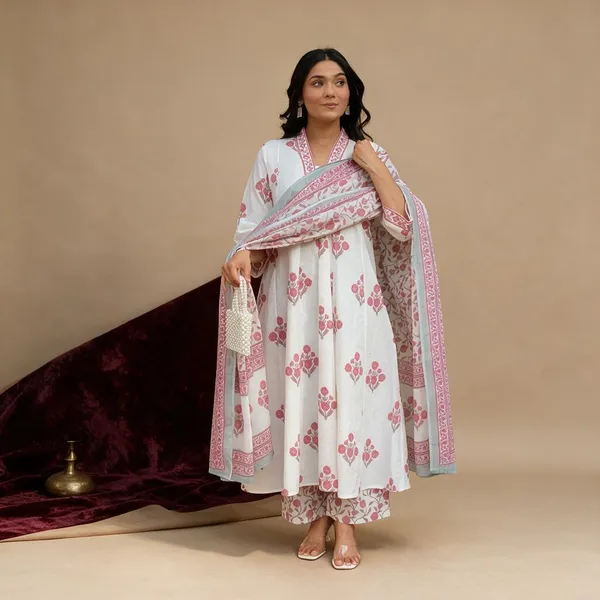 White_Cotton_Floral_Anarkali_Suit_Set_For_Women