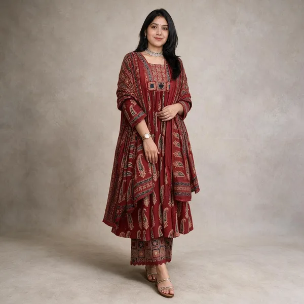Red_Cotton_Printed_Anarkali_Kurta_Set_For_Women