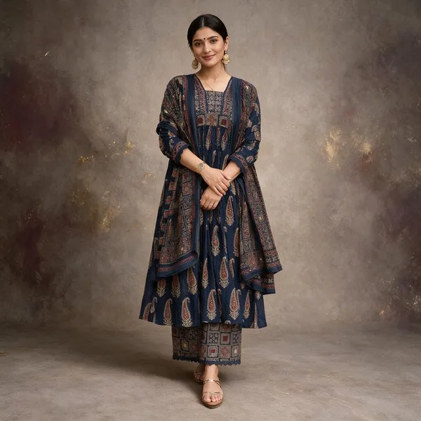 Blue_Cotton_Printed_Ethnic_Kurta_Set_For_Women