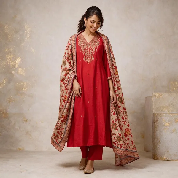 Red_Cotton_Embroidered_Kurta_Set_For_Women