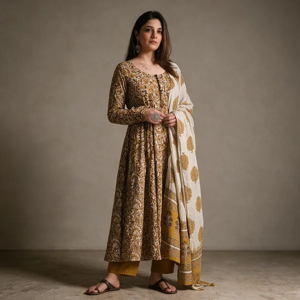Brown_Cotton_Printed_Ethnic_Kurta_Set_For_Women
