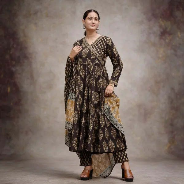 Brown_Cotton_Printed_Anarkali_Suit_Set_For_Women