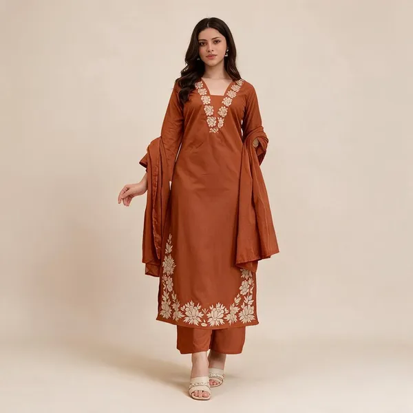 Rust_Cotton_Floral_Embroidered_Straight_Kurta_Set_For_Women
