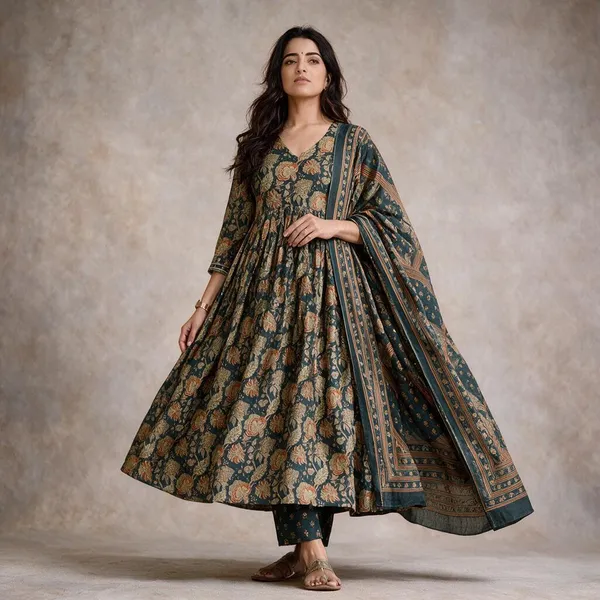 Green_Cotton_Floral_Print_Anarkali_Kurta_Set_For_Women