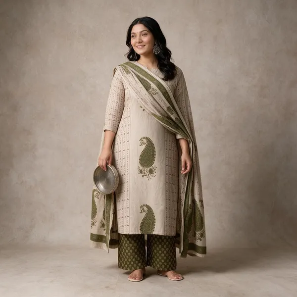 Beige_&_Olive_Green_Cotton_Printed_Kurta_Set_For_Women
