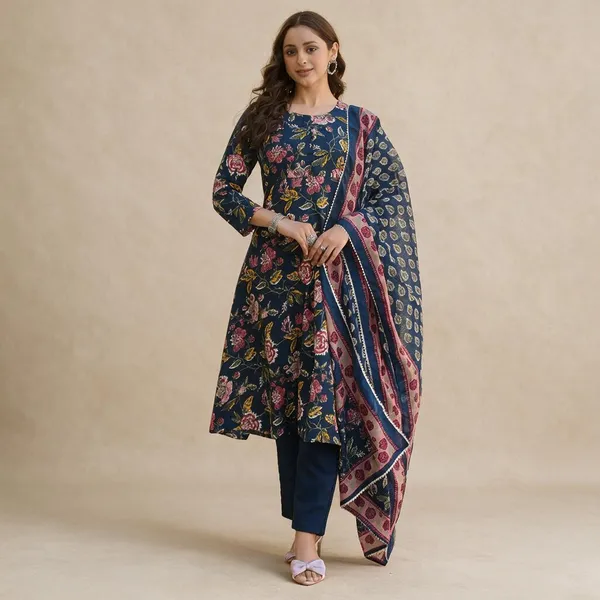 Navy_Blue_Cotton_Floral_Printed_Kurta_Set_For_Women