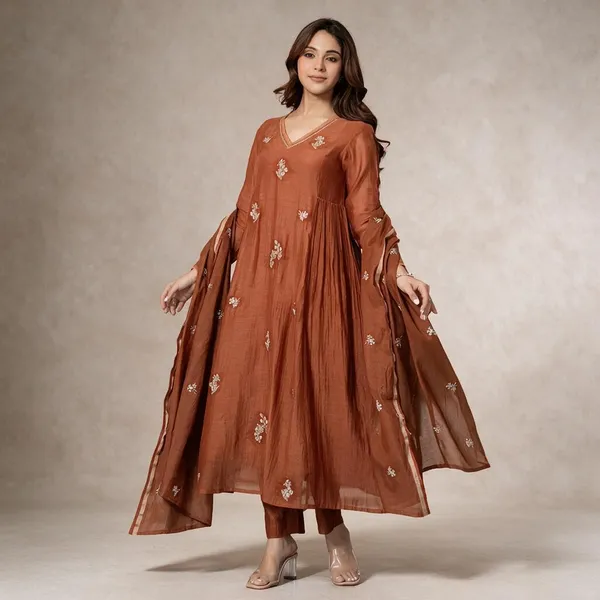 Rust_Cotton_Embroidered_Anarkali_Kurta_Set_For_Women