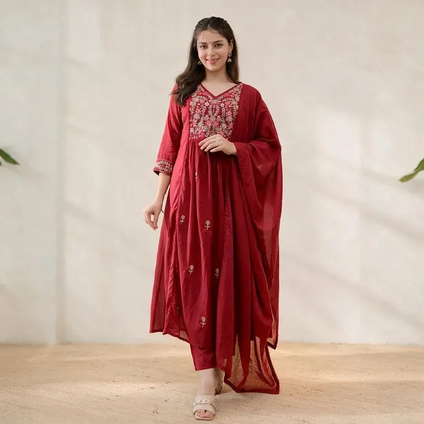 Red_Cotton_Embroidered_Anarkali_Kurta_Set_For_Women