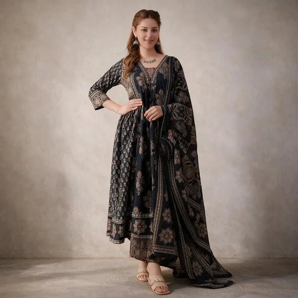 Black_Cotton_Printed_Flared_Anarkali_Dress_For_Women