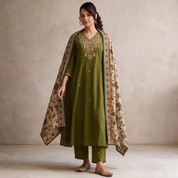 Olive_Green_Cotton_Embroidered_Kurta_Set_For_Women