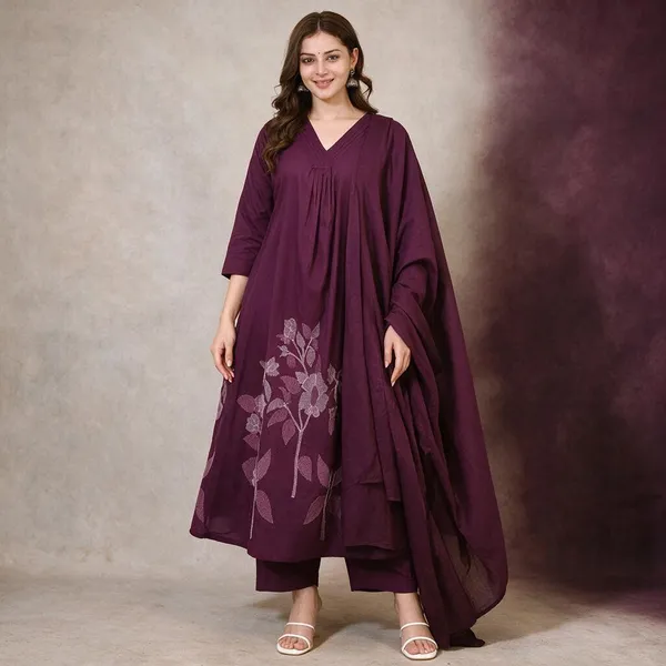 Wine_Cotton_Embroidered_Kurta_Palazzo_Dupatta_Set_For_Women