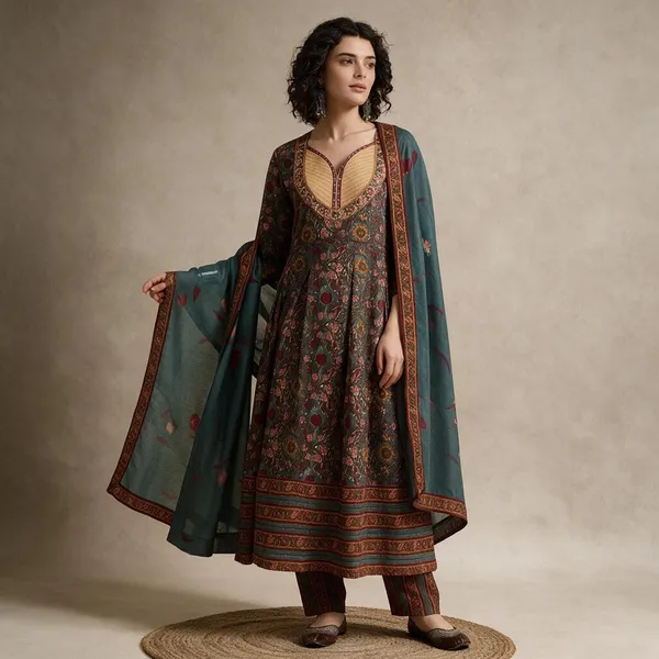 Teal_Cotton_Printed_Anarkali_Suit_Set_For_Women