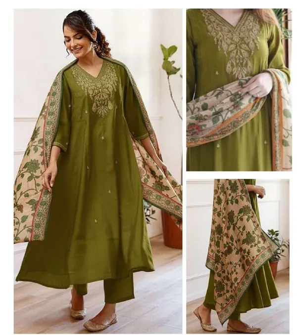 Olive_Green_Cotton_Embroidered_Kurta_Set_For_Women